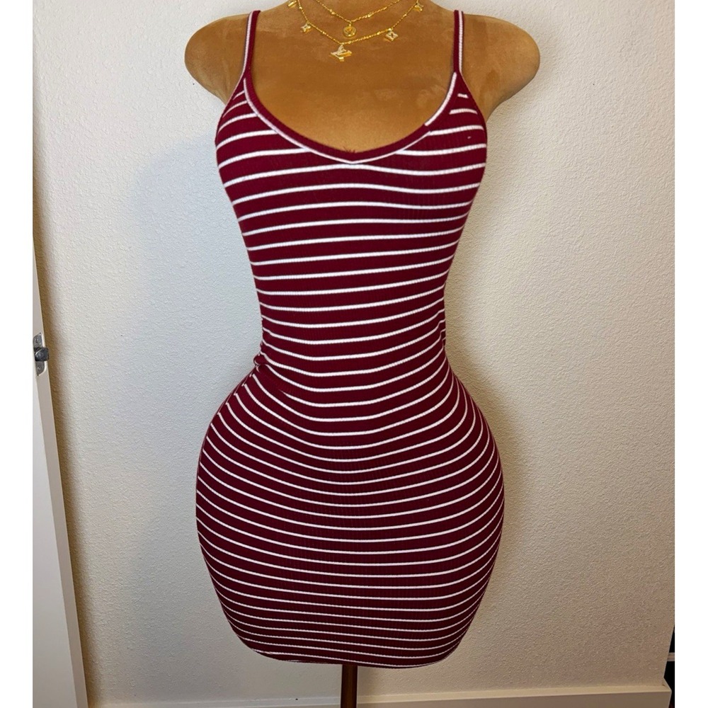 POETRY Womens Burgundy White Striped Ribbed Knit Scoop Neck Bodycon Mini Dress S